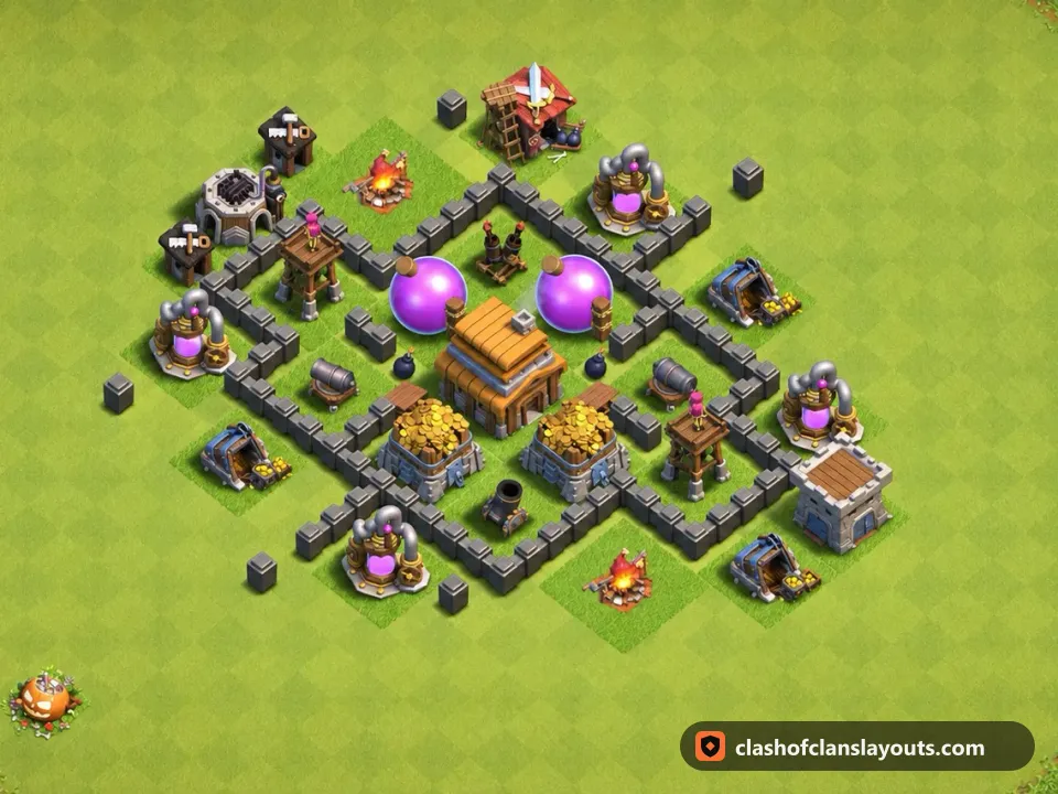 TH4 Hybrid Base Layout 100: Clash of Clans Town Hall 4 hybrid base layout, full base picture