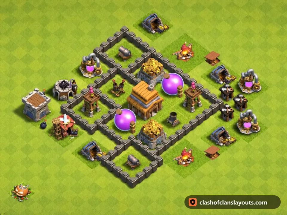 TH4 Hybrid Base Layout 101: Clash of Clans Town Hall 4 hybrid base layout, full base picture