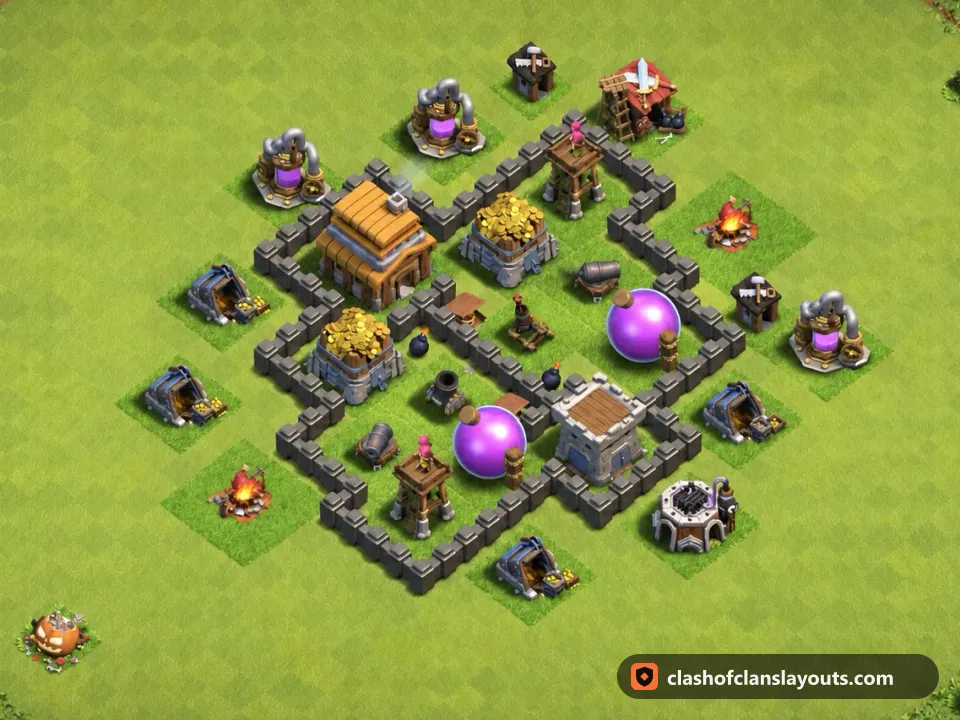 TH4 Hybrid Base Layout 102: Clash of Clans Town Hall 4 hybrid base layout, full base picture