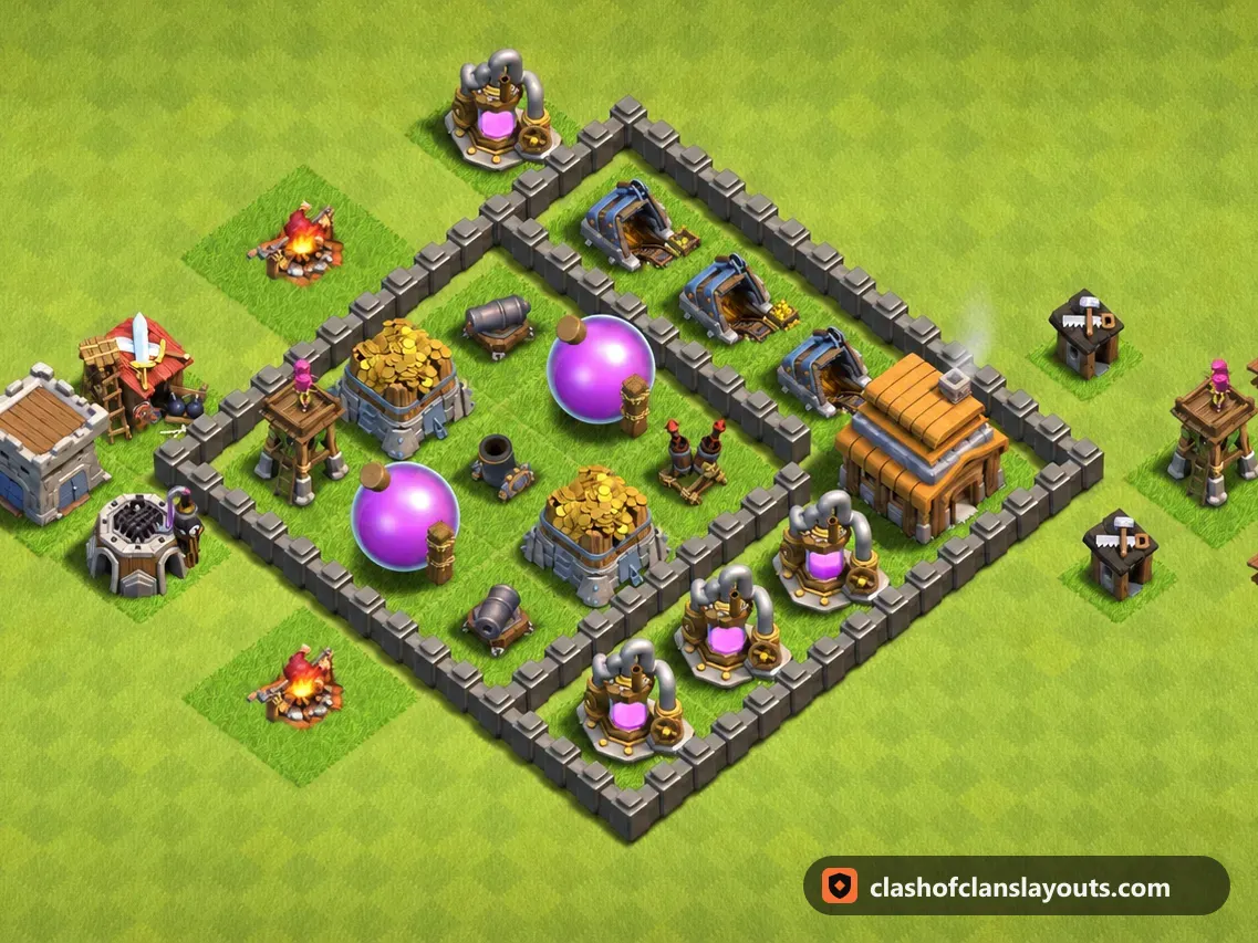 Base Hybrid TH4 103: layout base Hybrid Clash of Clans Town Hall 4, gambar base lengkap