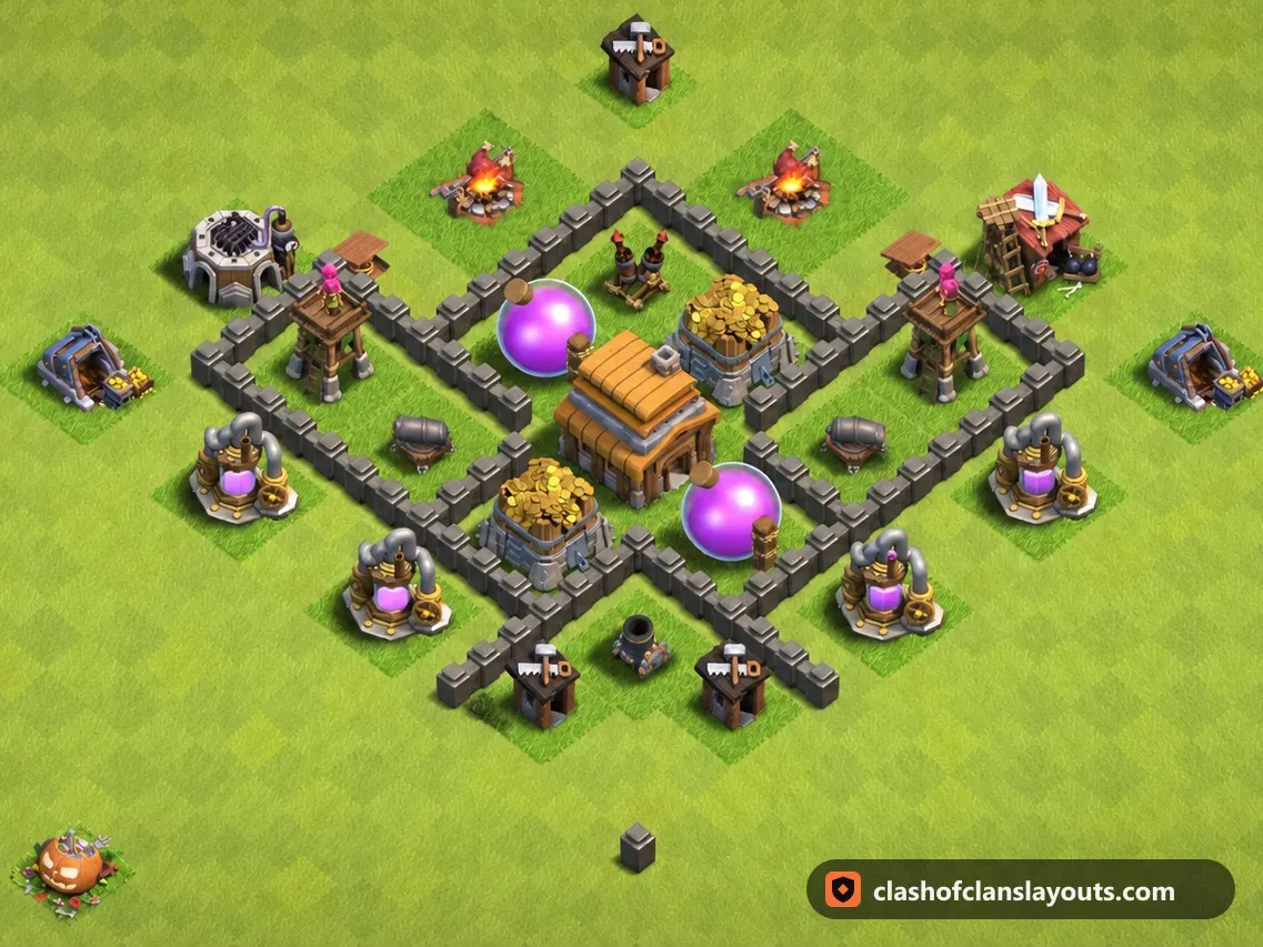 Base Hybrid TH4 104: layout base Hybrid Clash of Clans Town Hall 4, gambar base lengkap