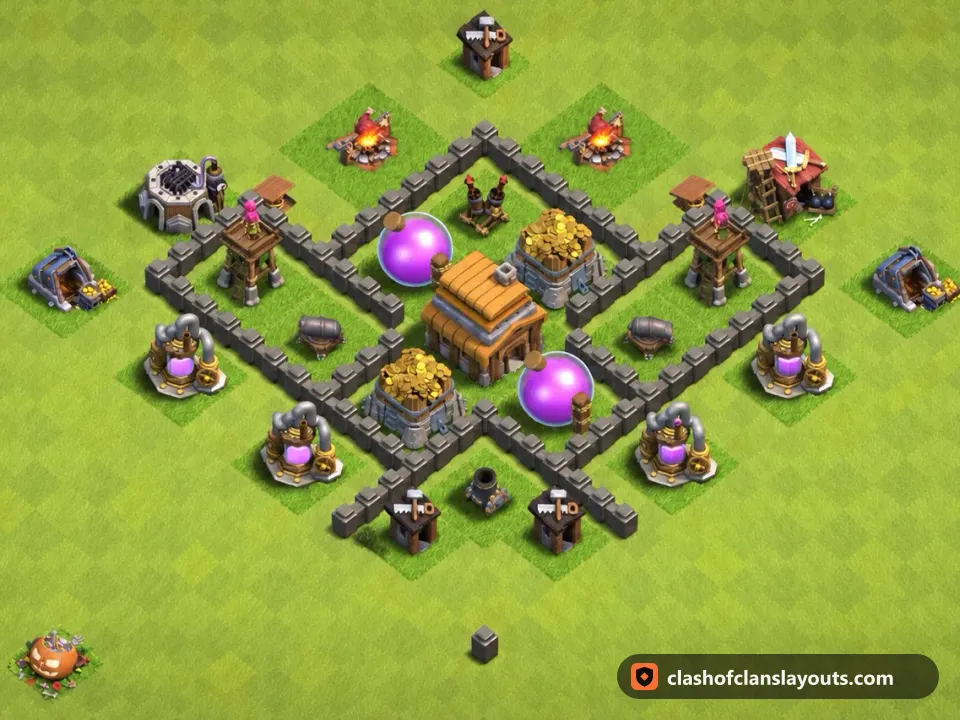 TH4 Hybrid Base Layout 104: Clash of Clans Town Hall 4 hybrid base layout, full base picture