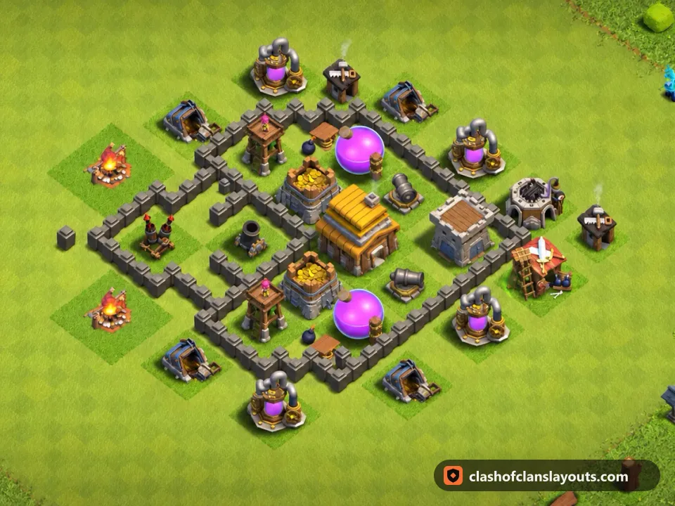TH4 Hybrid Base Layout 107: Clash of Clans Town Hall 4 hybrid base layout, full base picture