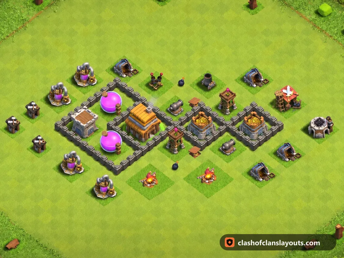 Base Hybride TH4 108 : plan de base hybride HDV 4 Clash of Clans, image complète de la base