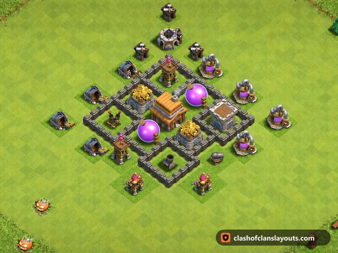 Base Hybride TH4 96 : plan de base hybride HDV 4 Clash of Clans, image complète de la base