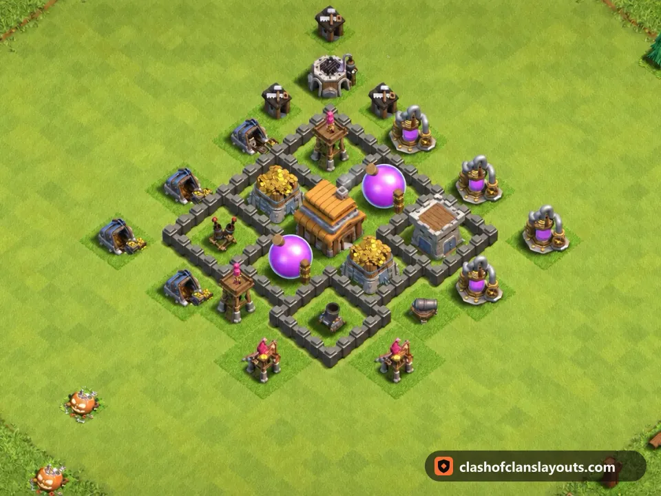 TH4 Hybrid Base Layout 96: Clash of Clans Town Hall 4 hybrid base layout, full base picture