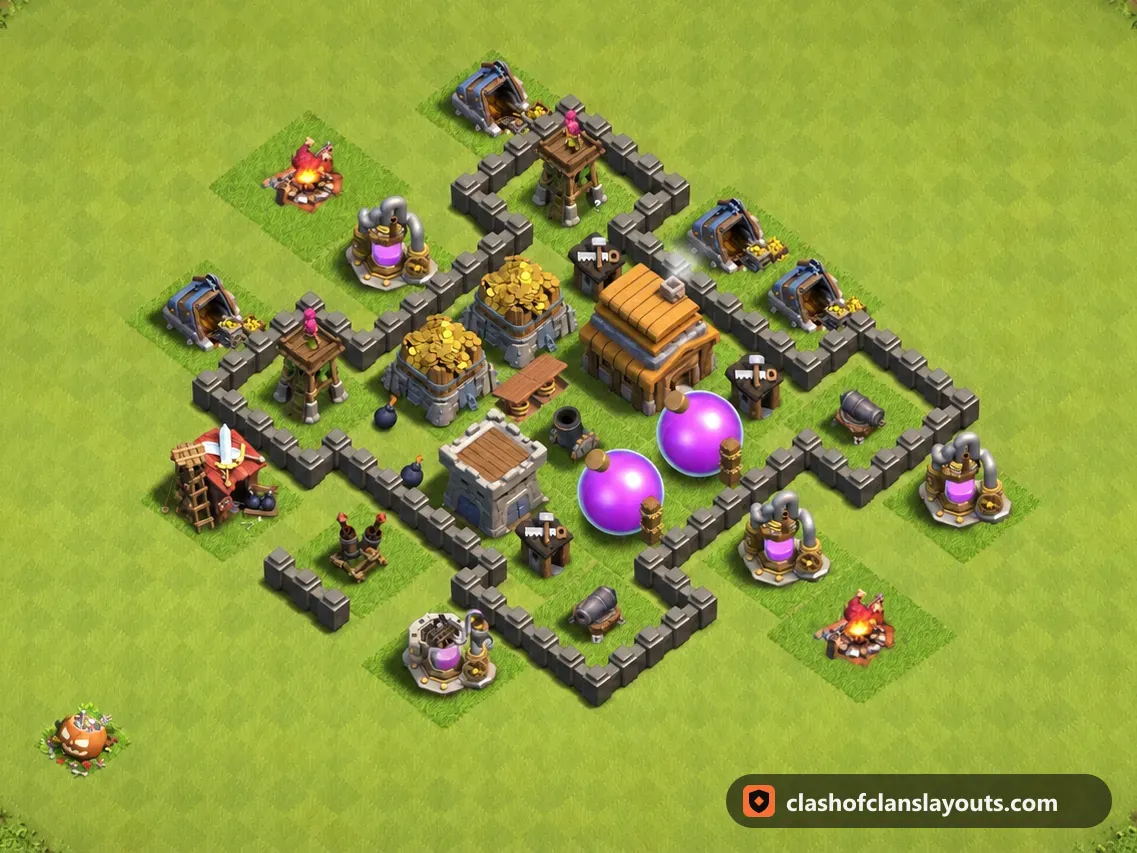 Base Ibrida TH4 97: layout base ibrida per Municipio 4 di Clash of Clans, immagine completa della base