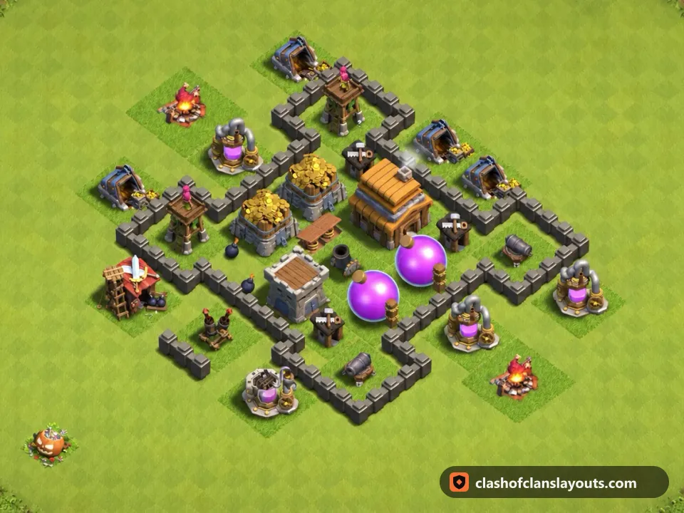 TH4 Hybrid Base Layout 97: Clash of Clans Town Hall 4 hybrid base layout, full base picture