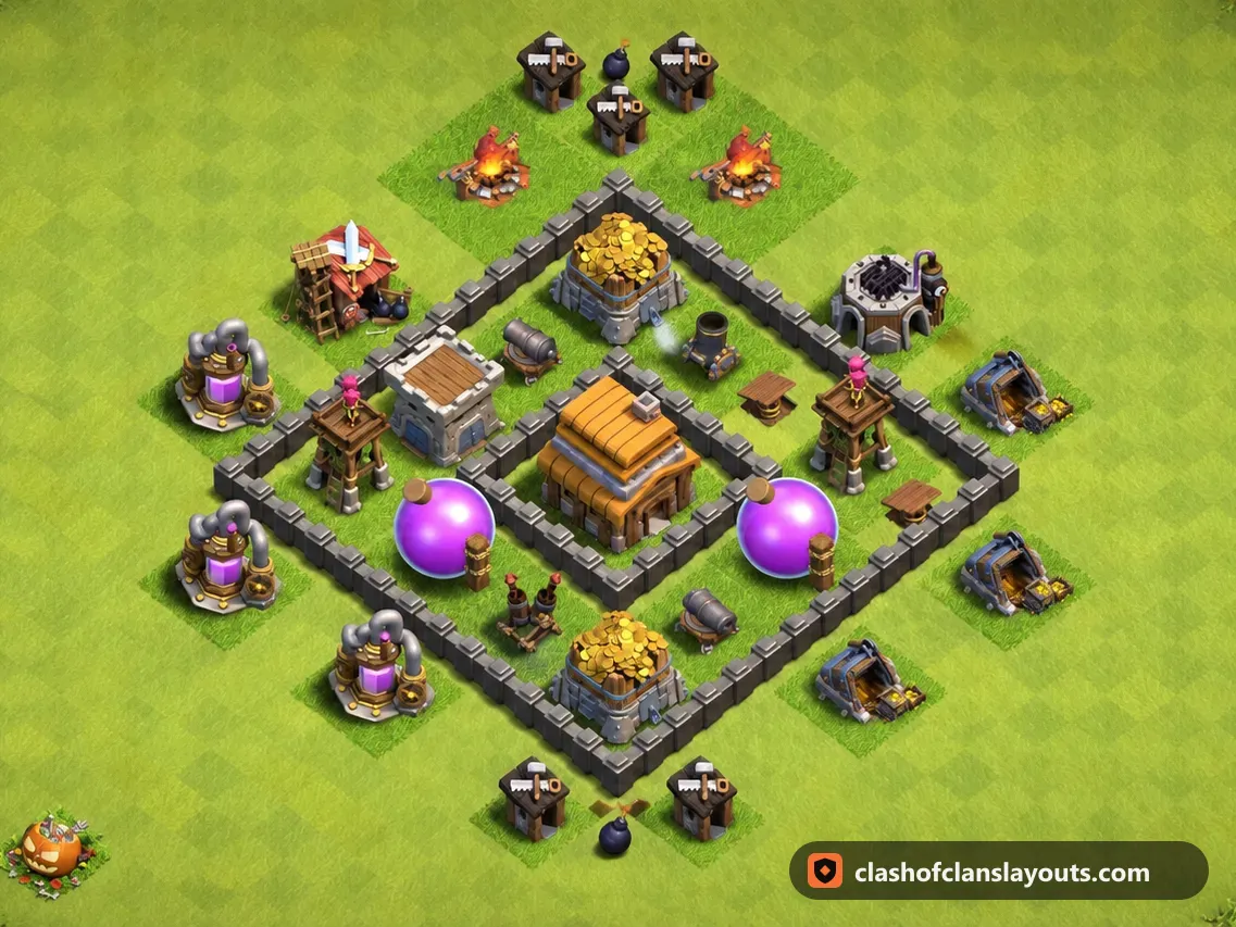 Base Hybride TH4 98 : plan de base hybride HDV 4 Clash of Clans, image complète de la base