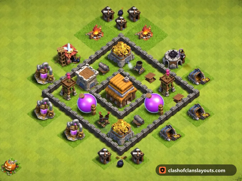 TH4 Hybrid Base Layout 98: Clash of Clans Town Hall 4 hybrid base layout, full base picture