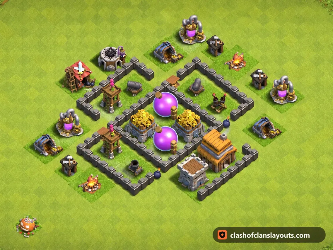 Hybridbase TH4 99: Clash of Clans Hybridbase für Rathaus 4, komplettes Bild der Base