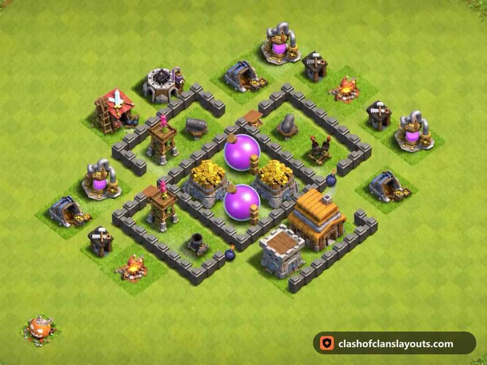 TH4 Hybrid Base Layout 99: Clash of Clans Town Hall 4 hybrid base layout, full base picture