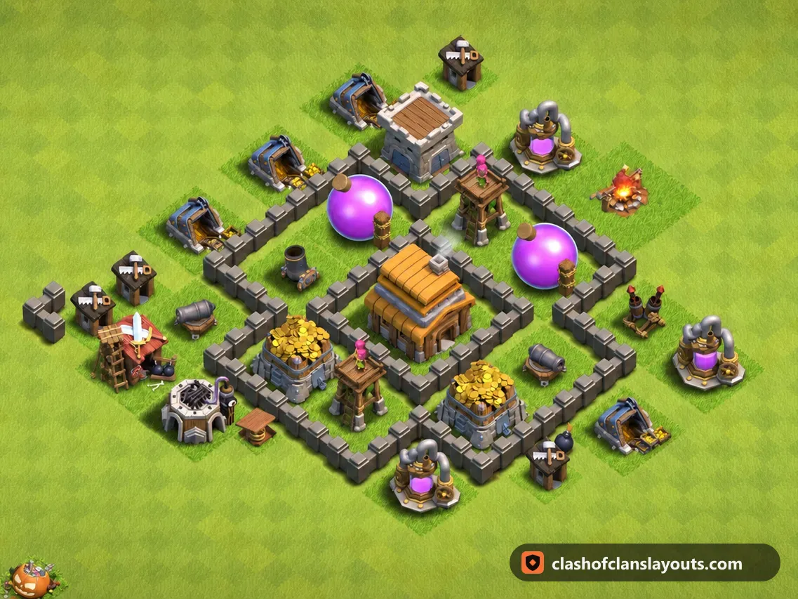 TH4 Trophy Base Layout 122: Clash of Clans Town Hall 4 trophy base layout, full base picture