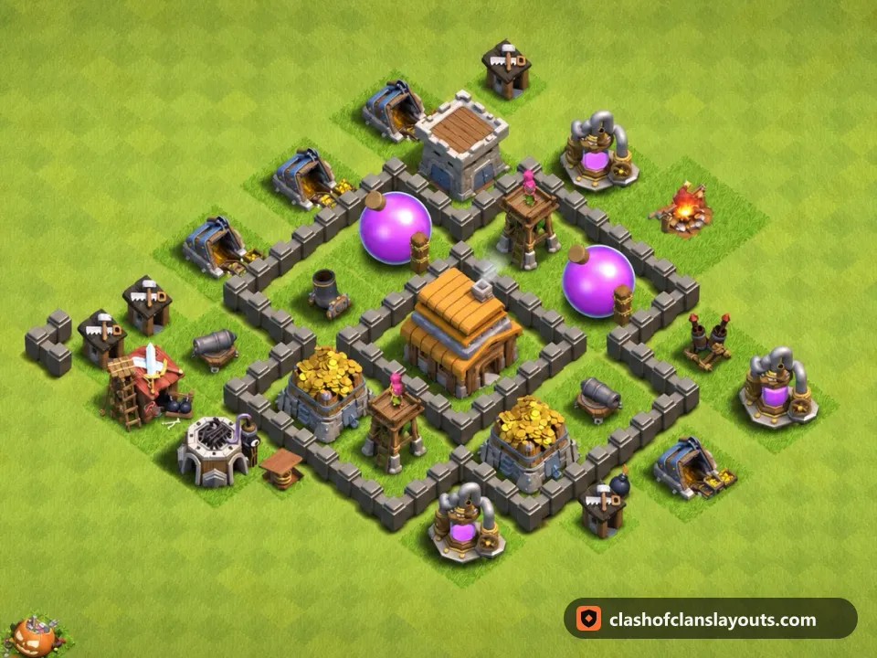 TH4 Trophy Base Layout 122: Clash of Clans Town Hall 4 trophy base layout, full base picture