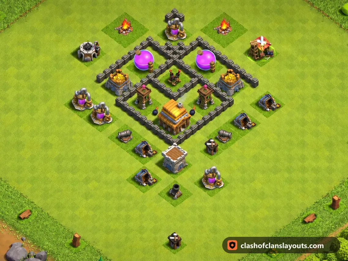 TH4 Trophy Base Layout 123: Clash of Clans Town Hall 4 trophy base layout, full base picture