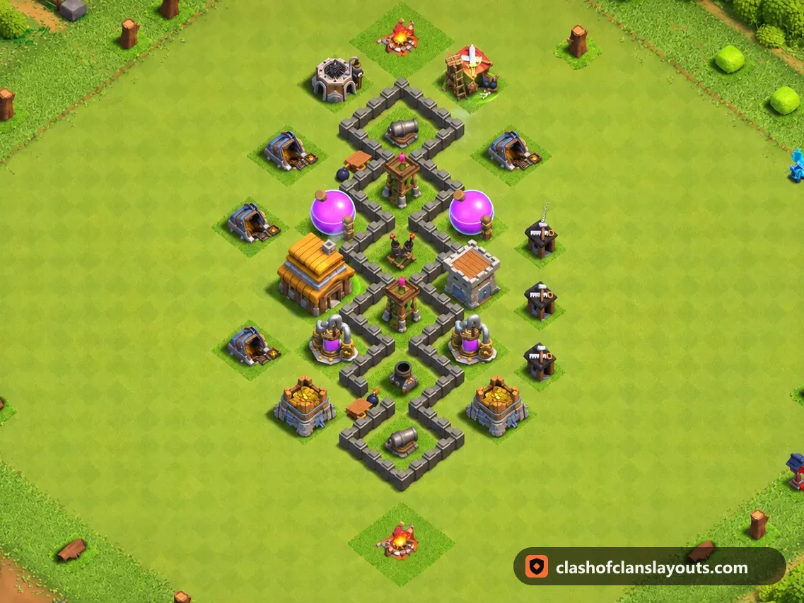 TH4 Trophy Base Layout 124: Clash of Clans Town Hall 4 trophy base layout, full base picture