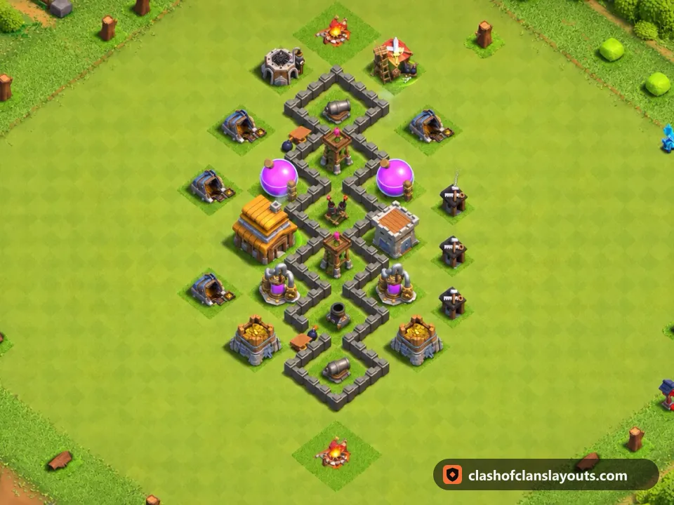 TH4 Trophy Base Layout 124: Clash of Clans Town Hall 4 trophy base layout, full base picture