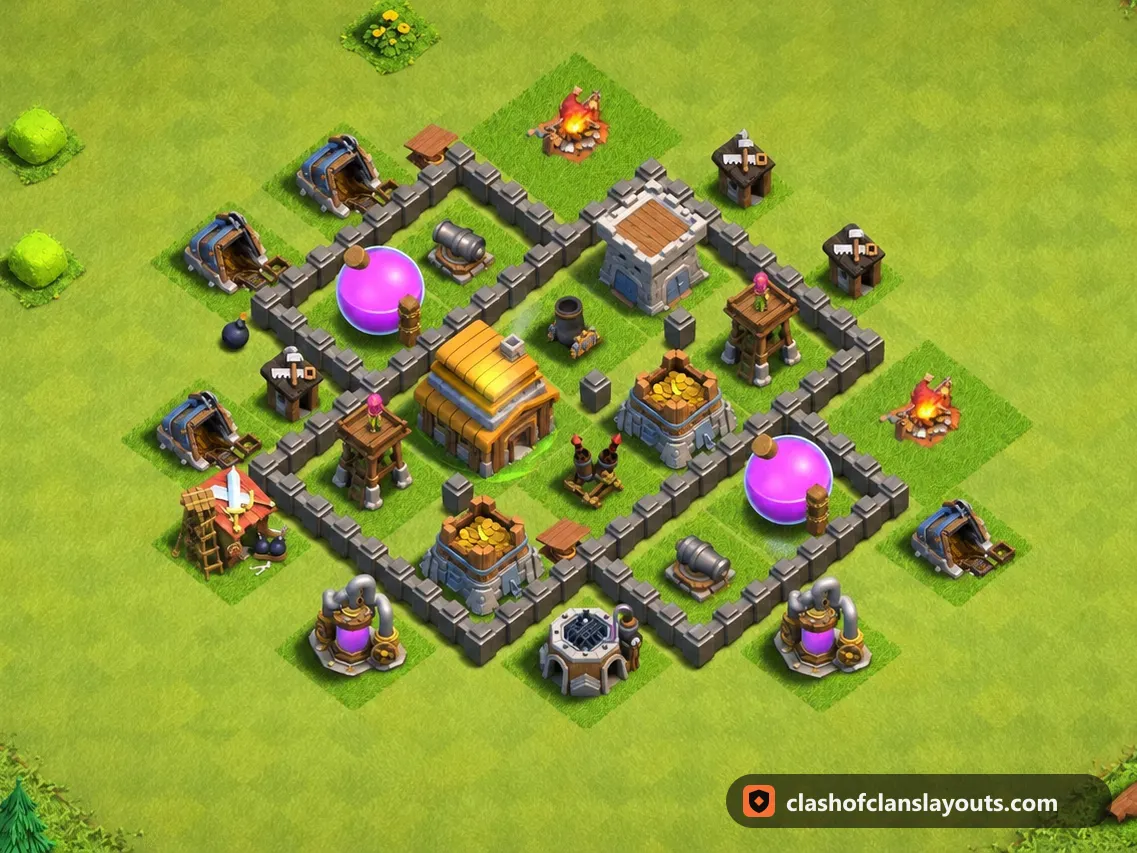 TH4 Trophy Base Layout 125: Clash of Clans Town Hall 4 trophy base layout, full base picture