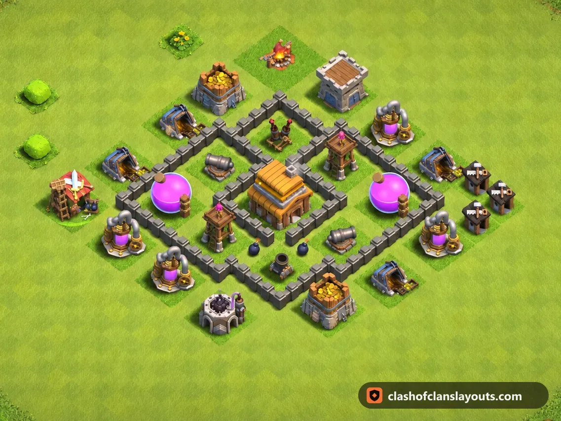 TH4 Trophy Base Layout 126: Clash of Clans Town Hall 4 trophy base layout, full base picture