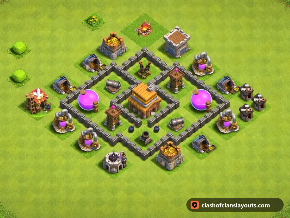 TH4 Trophy Base Layout 126: Clash of Clans Town Hall 4 trophy base layout, full base picture