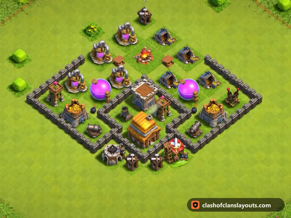 TH4 Trophy Base Layout 127: Clash of Clans Town Hall 4 trophy base layout, full base picture
