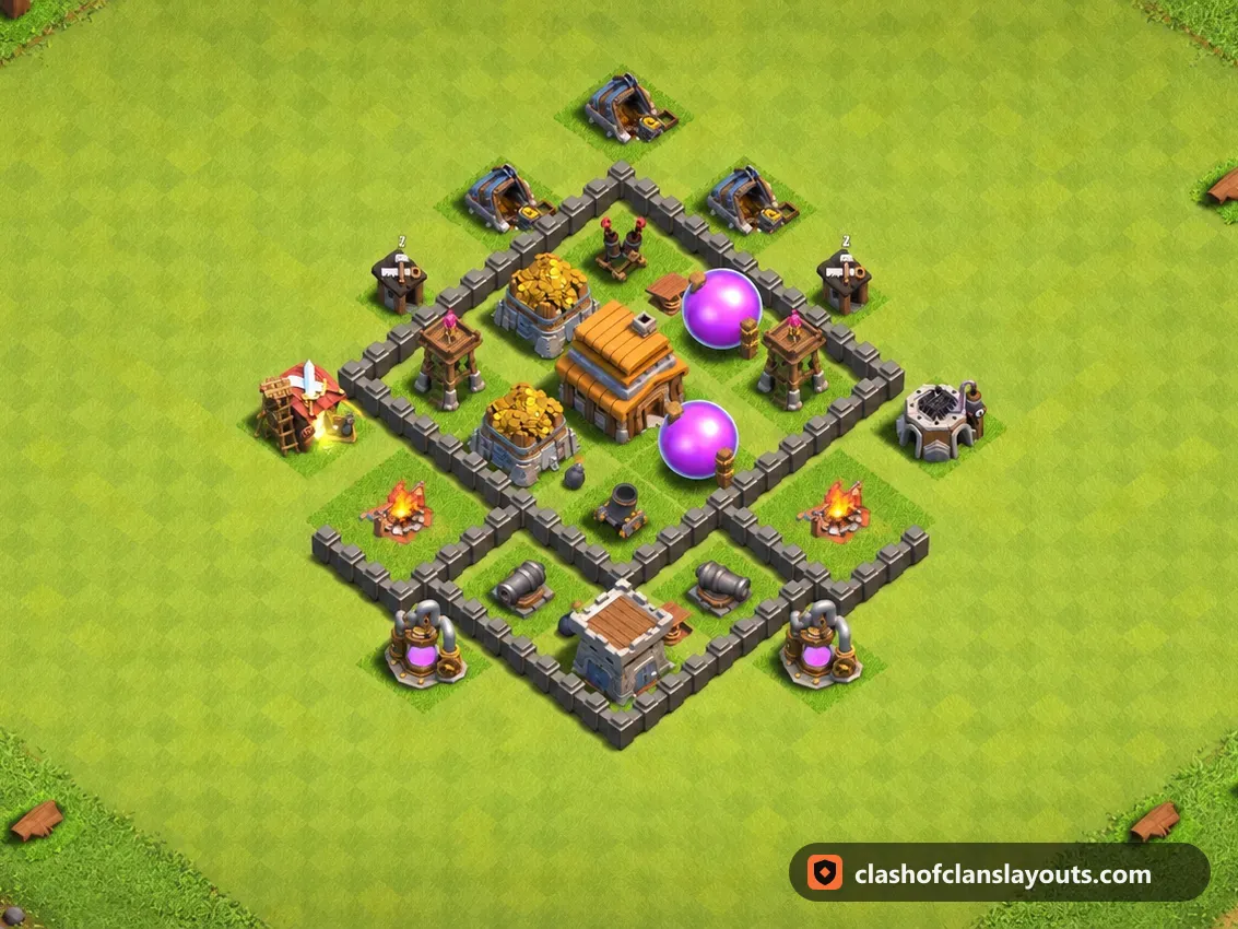 TH4 Trophy Base Layout 128: Clash of Clans Town Hall 4 trophy base layout, full base picture