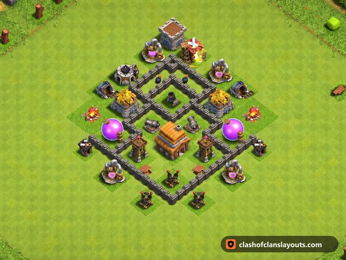 TH4 Trophy Base Layout 129: Clash of Clans Town Hall 4 trophy base layout, full base picture
