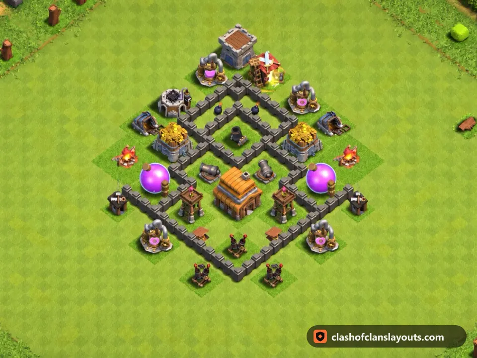 TH4 Trophy Base Layout 129: Clash of Clans Town Hall 4 trophy base layout, full base picture