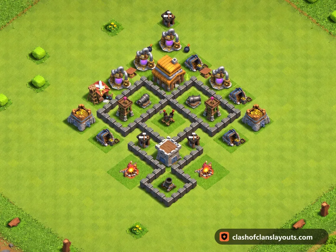 TH4 Trophy Base Layout 130: Clash of Clans Town Hall 4 trophy base layout, full base picture