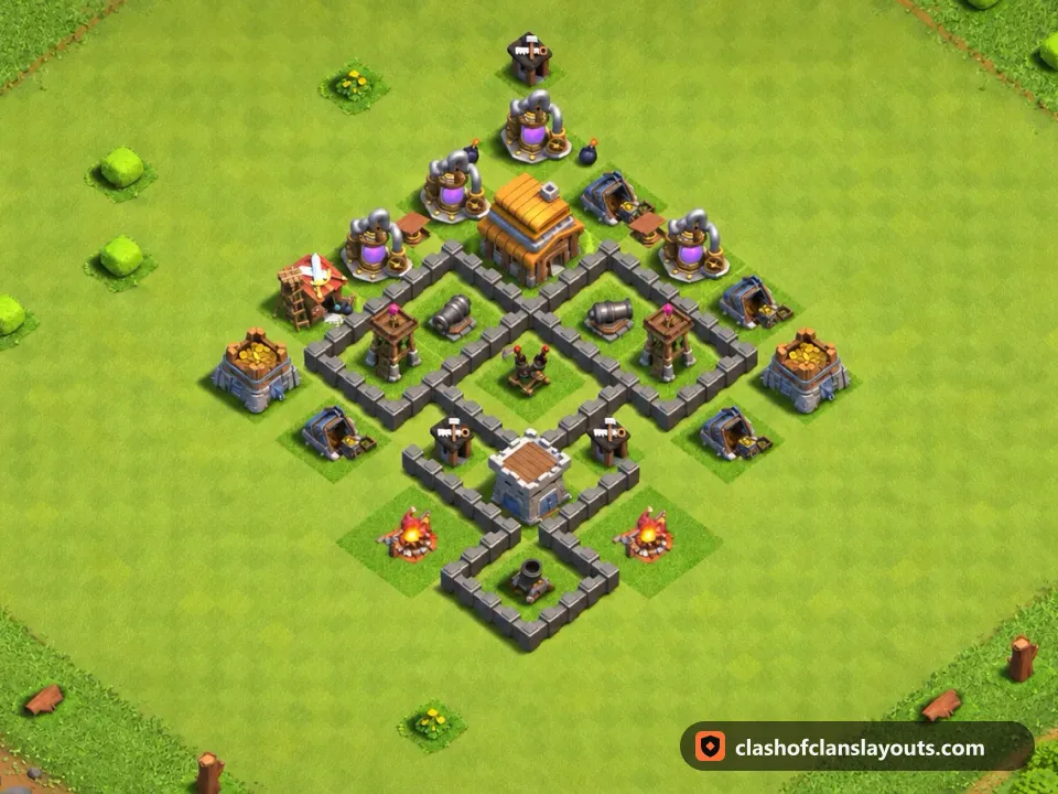 TH4 Trophy Base Layout 130: Clash of Clans Town Hall 4 trophy base layout, full base picture