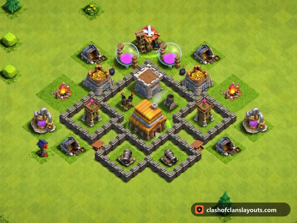 TH4 Trophy Base Layout 131: Clash of Clans Town Hall 4 trophy base layout, full base picture