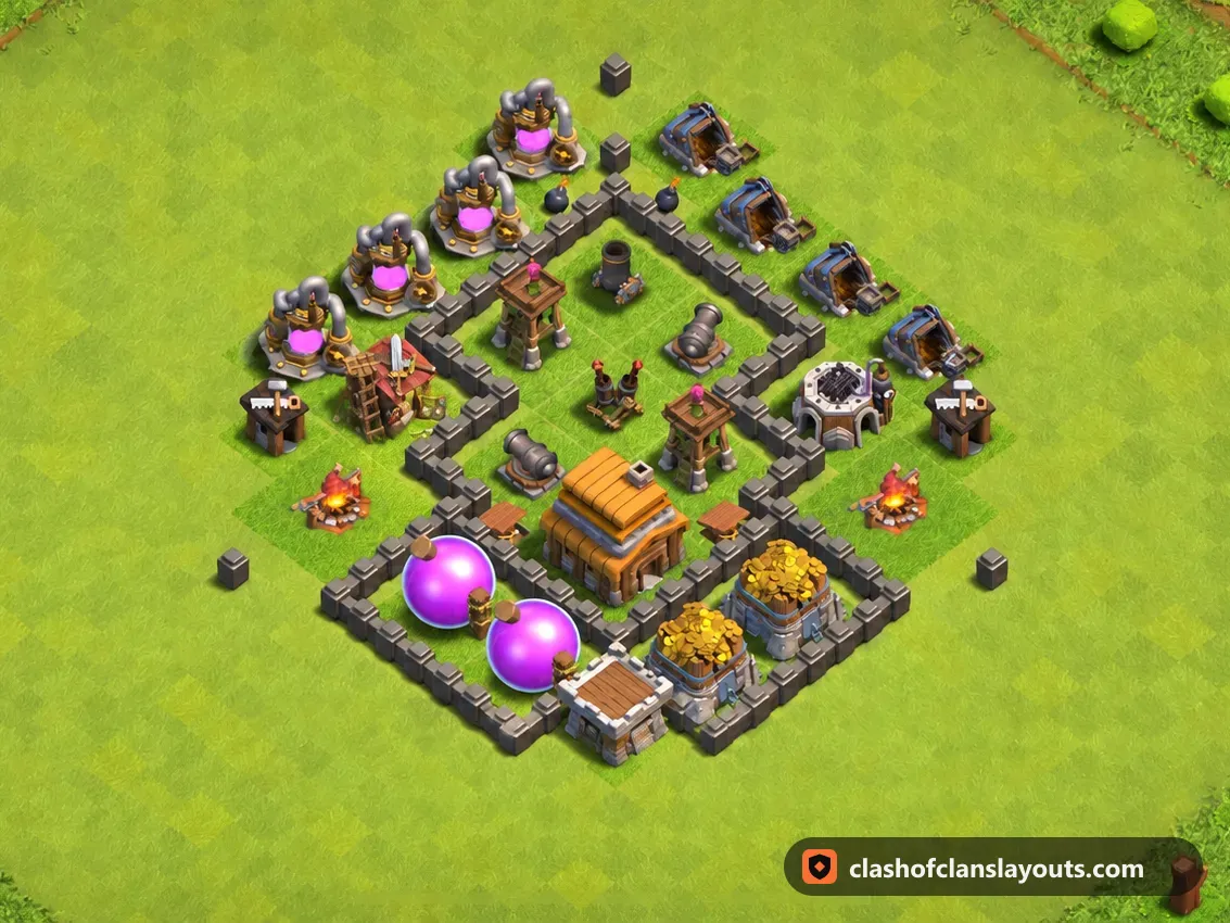 Trophäenbase TH4 132: Clash of Clans Trophäenbase für Rathaus 4, komplettes Bild der Base