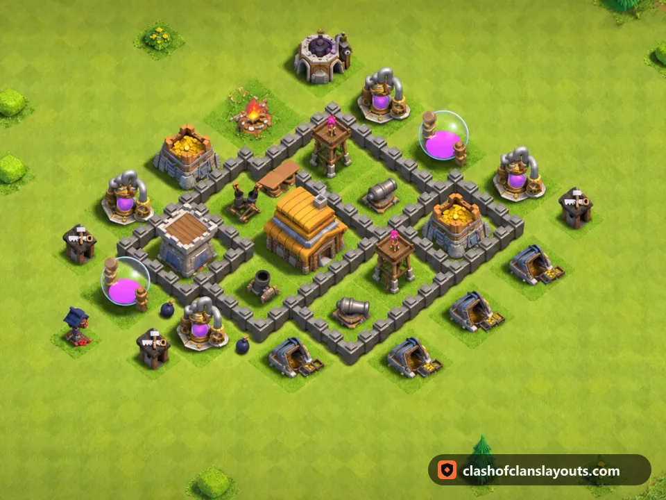 TH4 Trophy Base Layout 133: Clash of Clans Town Hall 4 trophy base layout, full base picture