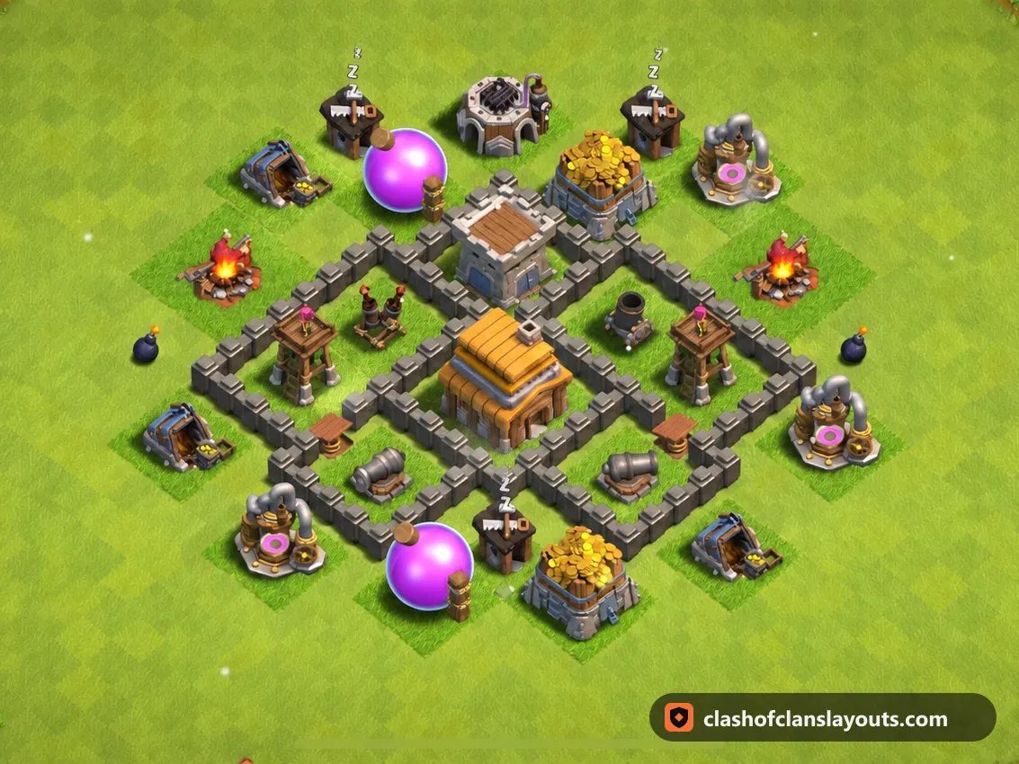 TH4 トロフィー用配置 135：Clash of Clans タウンホール4のトロフィー用配置、ベース全体の画像
