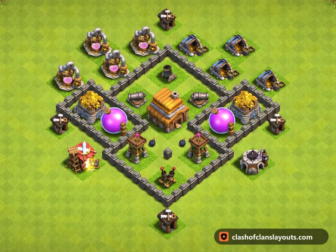 Base da Trofei TH4 136: layout base trofei per Municipio 4 di Clash of Clans, immagine completa della base