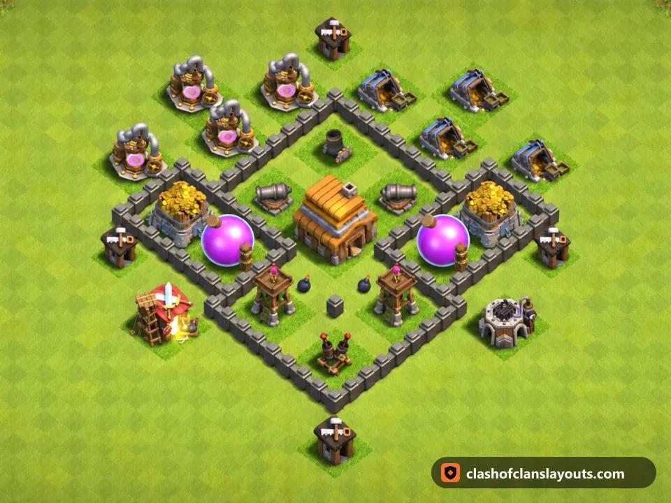 TH4 Trophy Base Layout 136: Clash of Clans Town Hall 4 trophy base layout, full base picture