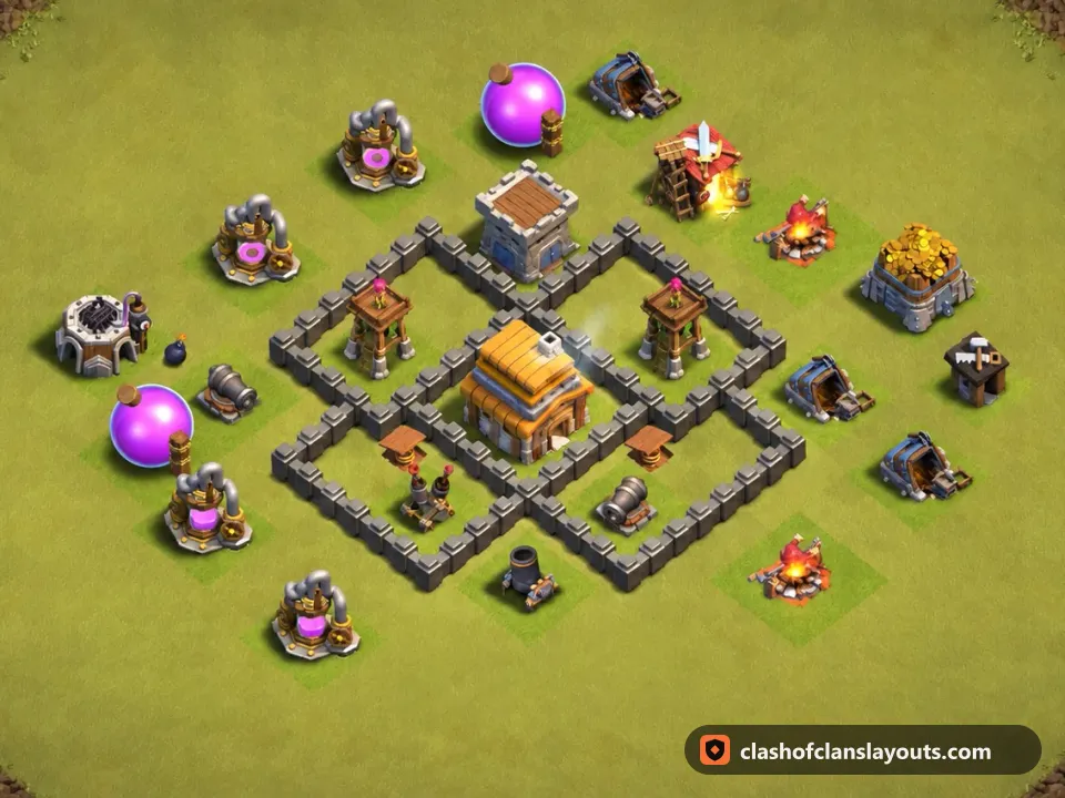 TH4 War Base Layout 24: Clash of Clans Town Hall 4 war base layout, full base picture