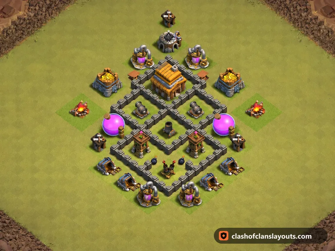 TH4 War Base Layout 25: Clash of Clans Town Hall 4 war base layout, full base picture