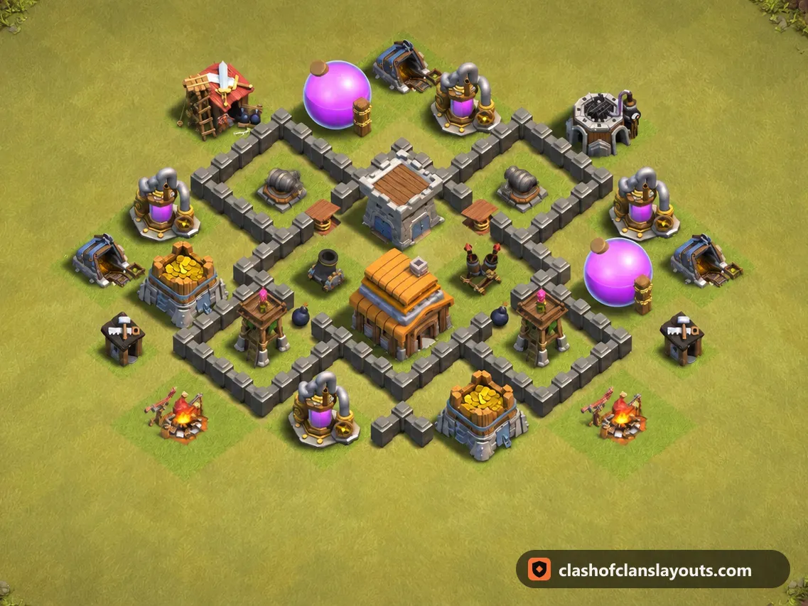 TH4 War Base Layout 26: Clash of Clans Town Hall 4 war base layout, full base picture