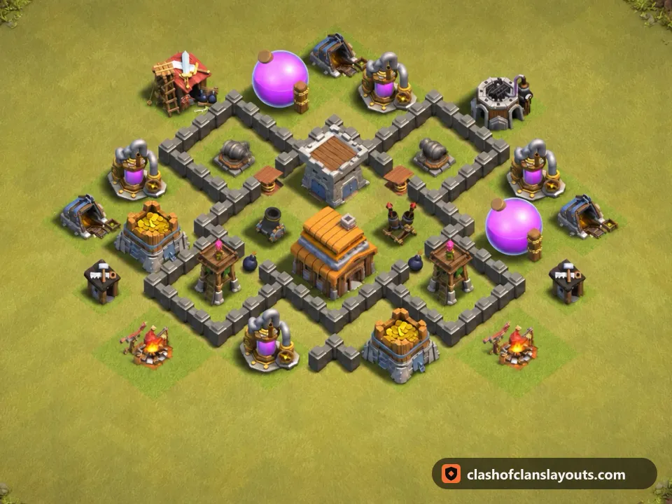 TH4 War Base Layout 26: Clash of Clans Town Hall 4 war base layout, full base picture
