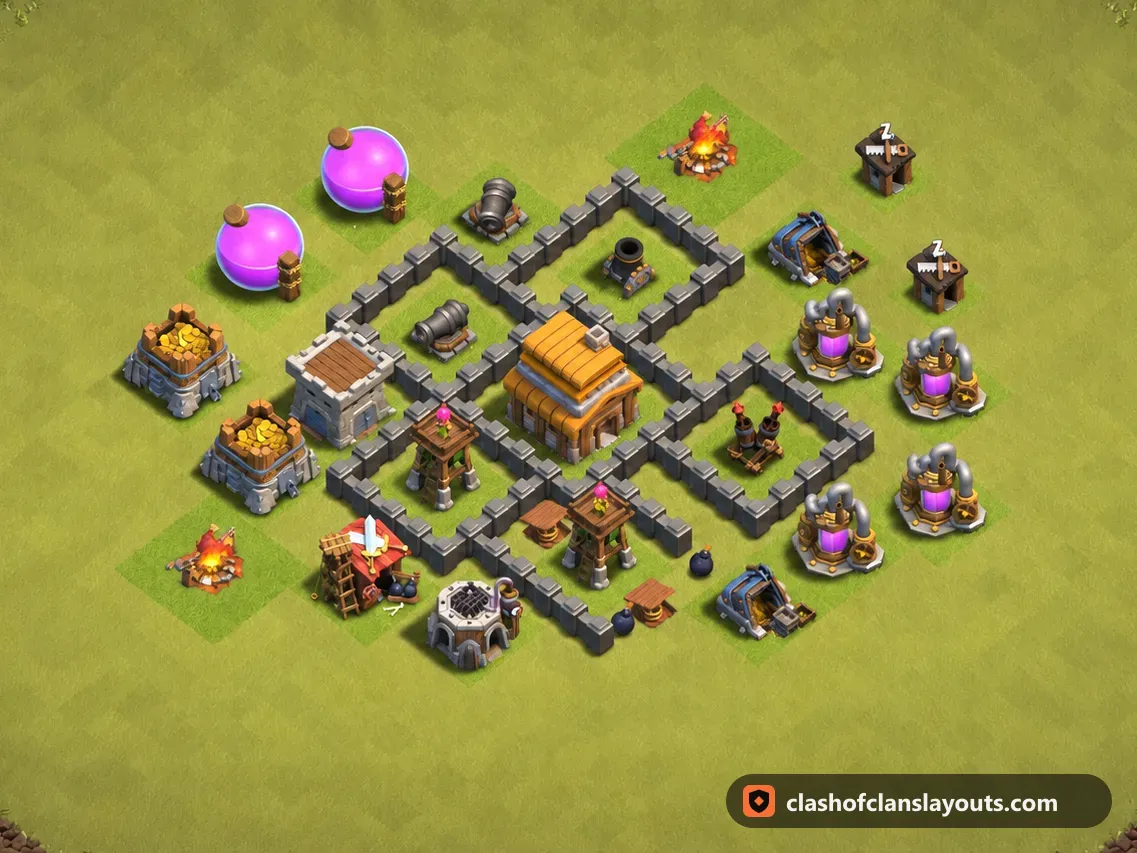 TH4 War Base Layout 27: Clash of Clans Town Hall 4 war base layout, full base picture