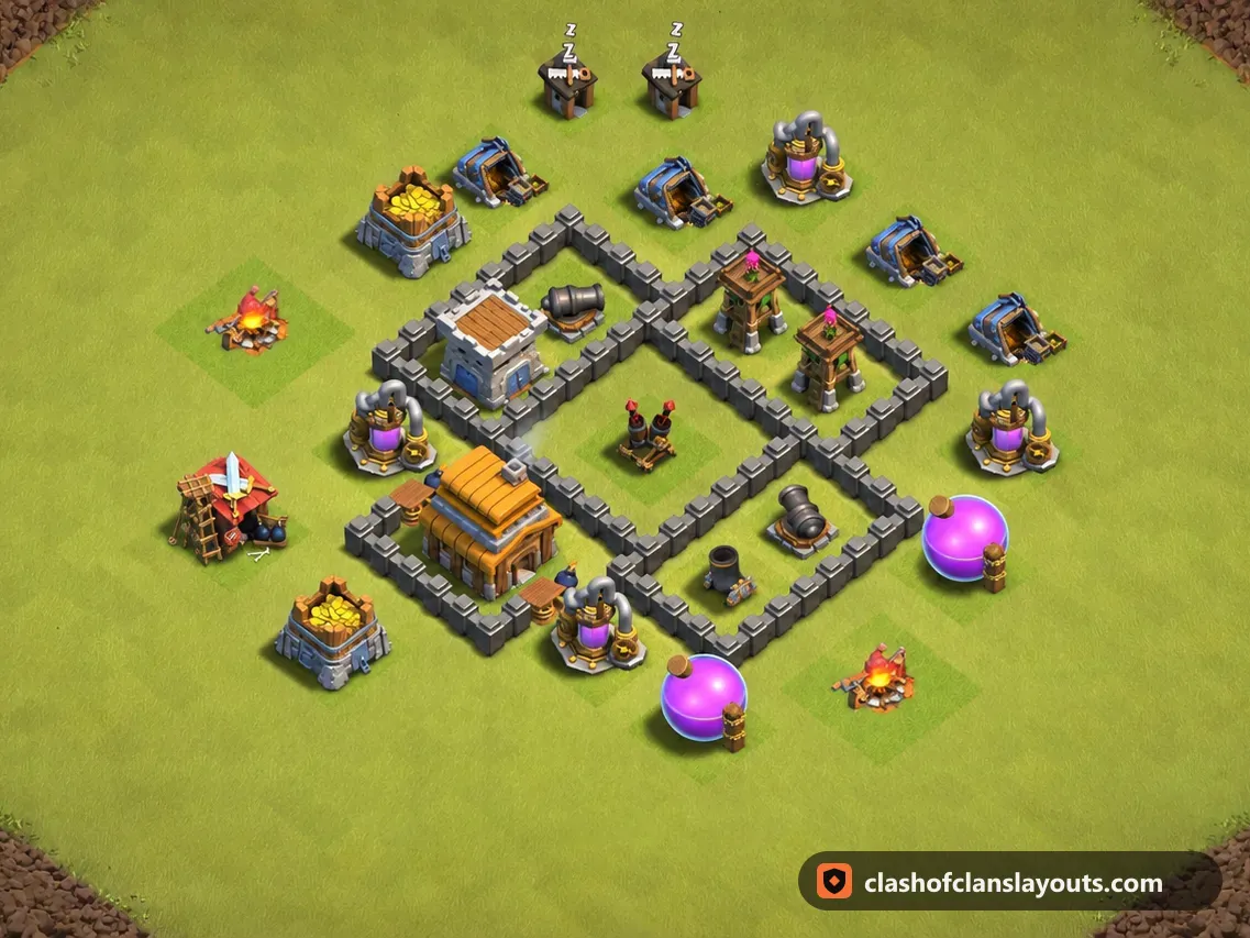 TH4 War Base Layout 28: Clash of Clans Town Hall 4 war base layout, full base picture