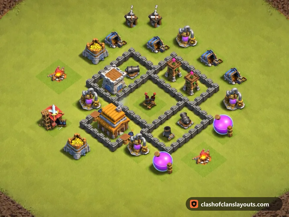 TH4 War Base Layout 28: Clash of Clans Town Hall 4 war base layout, full base picture