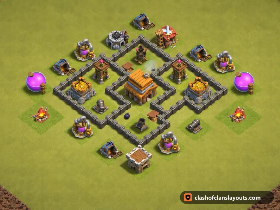 TH4 War Base Layout 29: Clash of Clans Town Hall 4 war base layout, full base picture