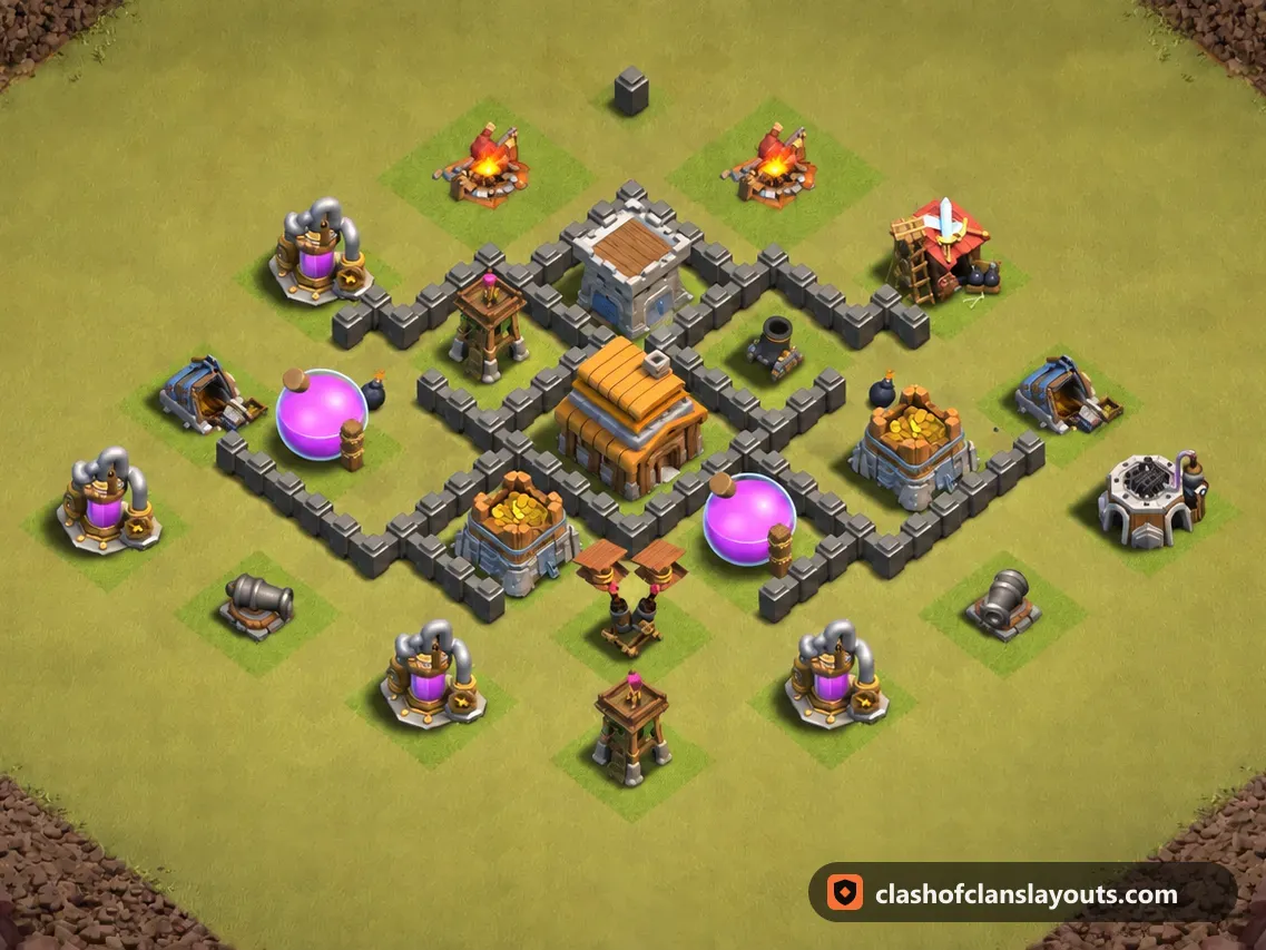 TH4 War Base Layout 30: Clash of Clans Town Hall 4 war base layout, full base picture