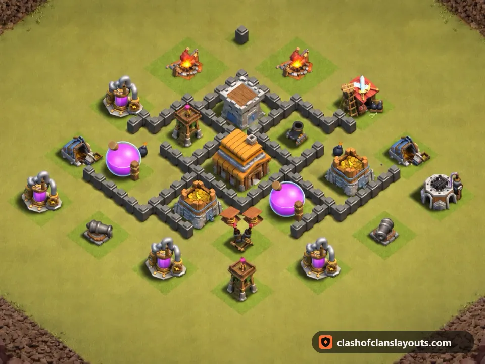 TH4 War Base Layout 30: Clash of Clans Town Hall 4 war base layout, full base picture