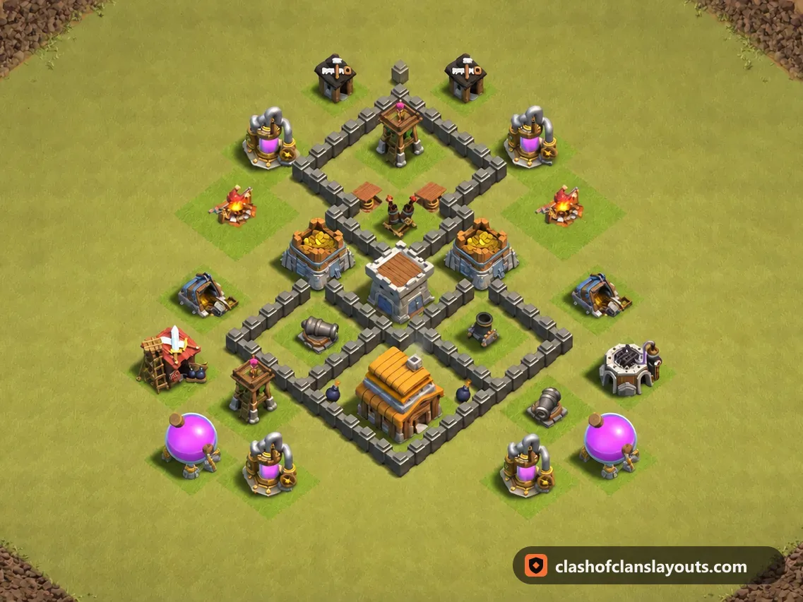 TH4 War Base Layout 31: Clash of Clans Town Hall 4 war base layout, full base picture