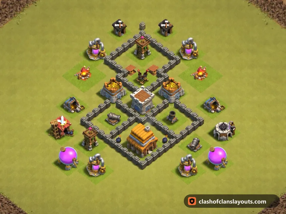 TH4 War Base Layout 31: Clash of Clans Town Hall 4 war base layout, full base picture