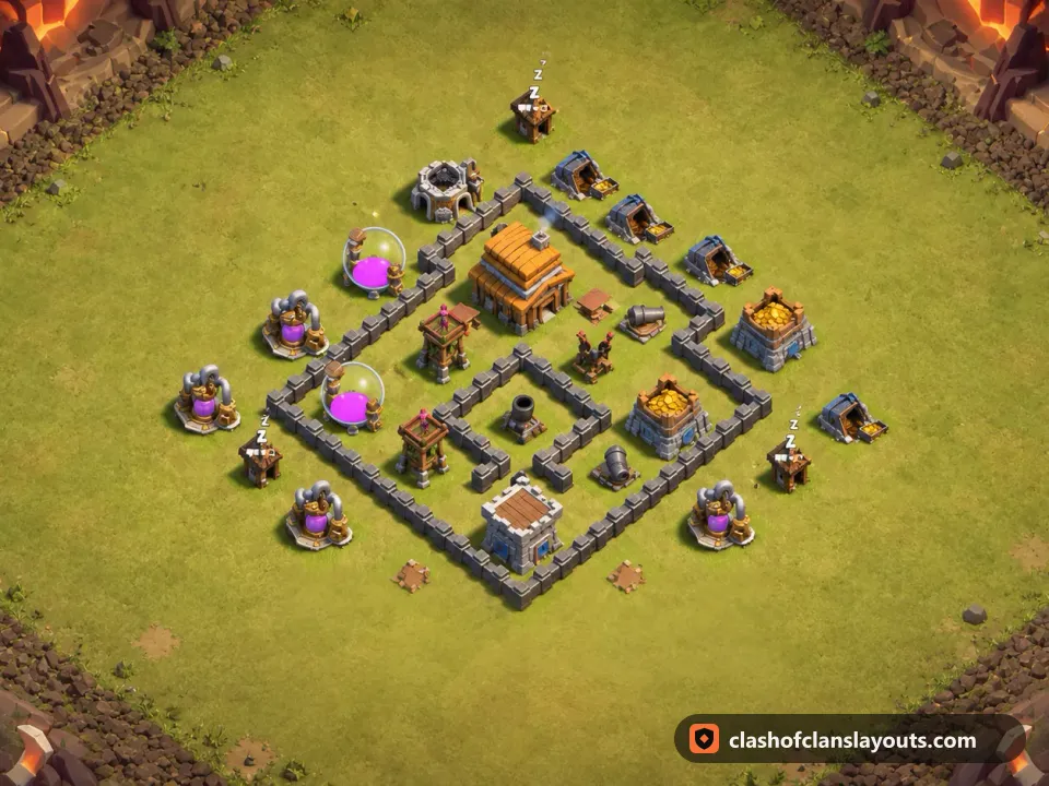 TH4 War Base Layout 32: Clash of Clans Town Hall 4 war base layout, full base picture