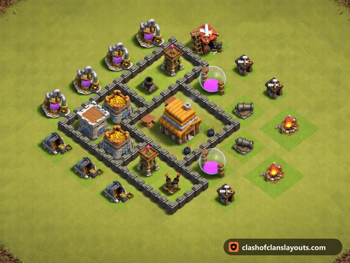 TH4 War Base Layout 33: Clash of Clans Town Hall 4 war base layout, full base picture